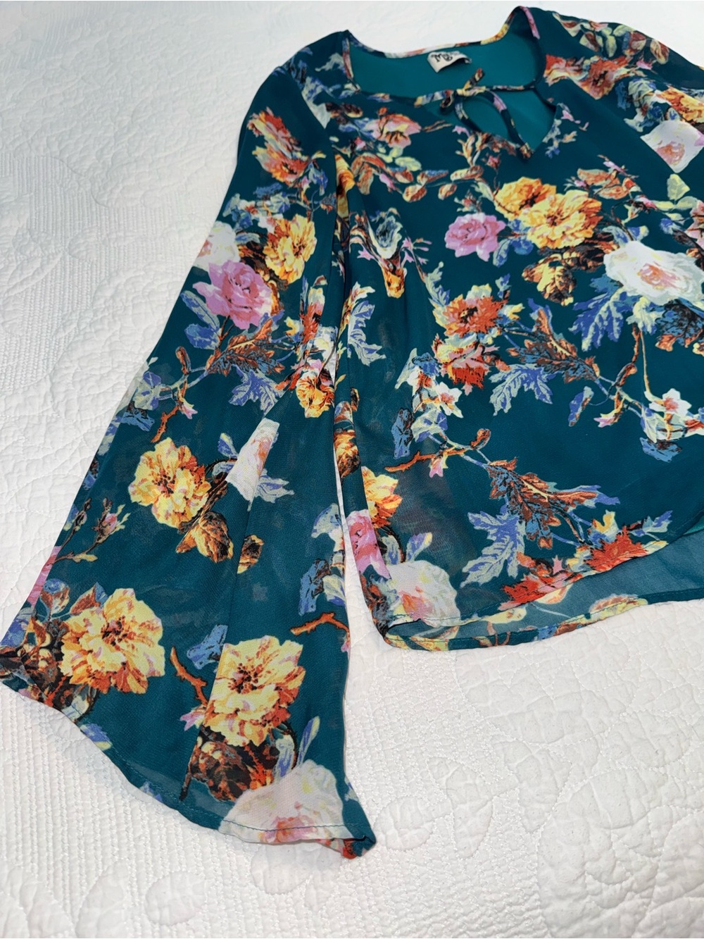 Show Me Your Mumu teal floral print bell sleeve top with tie neck detail - Picture 7 of 9